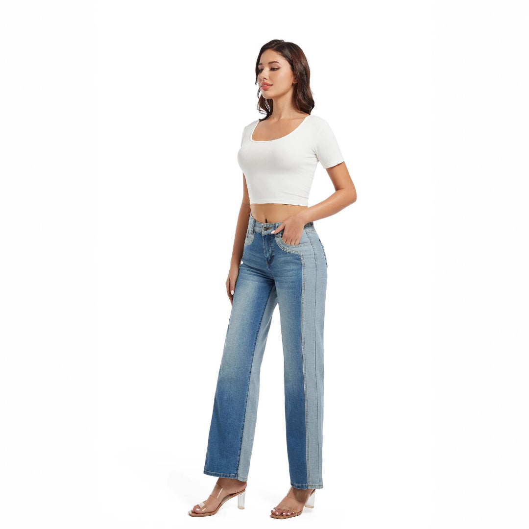 Damen Weit geschnittene Jeans mit modischen Kontrastnähten und hohem Bund Heidi-Mode