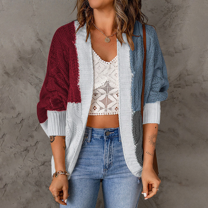 Damen lässige Strickjacke mit buntem Patchwork-Design und weitem Schnitt Heidi-Mode