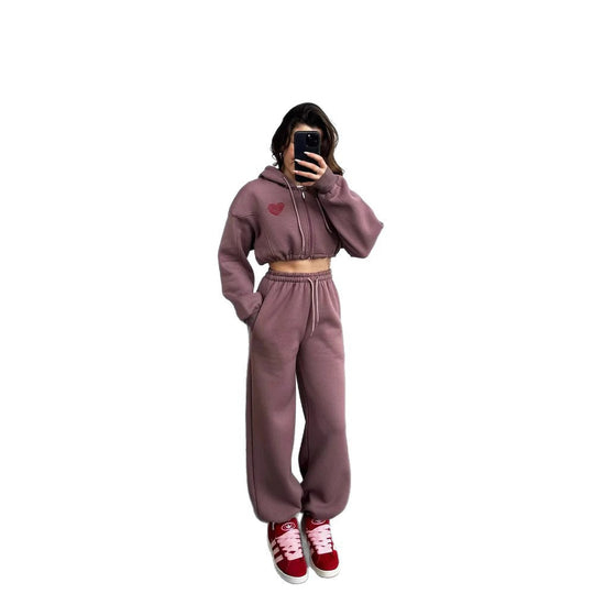 Damen lässiges Cropped Hoodie-Set mit weiten Jogginghosen Heidi-Mode