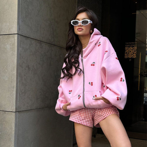 Damen Oversized Kapuzenjacke mit fruchtigem Print und praktischen Taschen Heidi-Mode