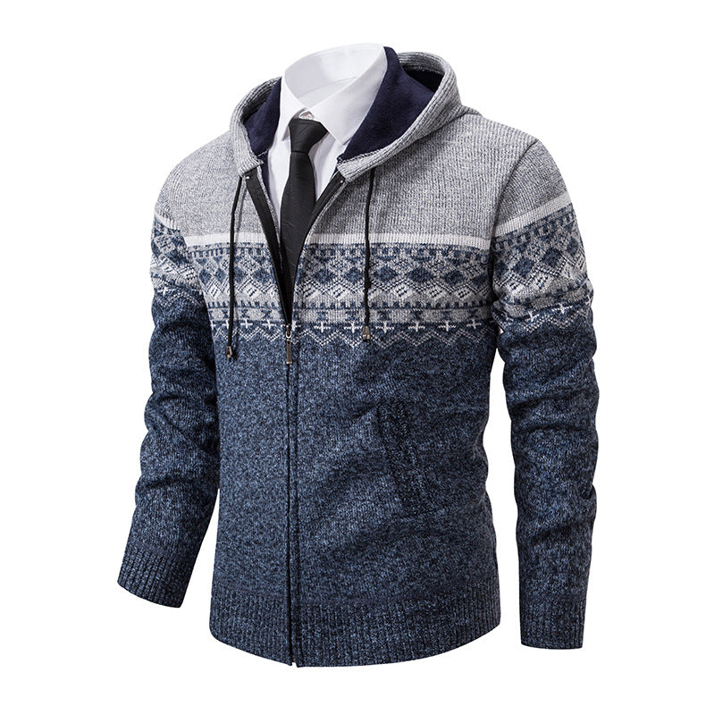 Herren stilvolle Strickjacke mit Kapuze und Norweger-Muster Heidi-Mode