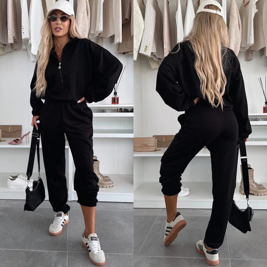 Damen Sportlicher Hoodie mit halbem Reißverschluss und bequemen Jogginghosen Heidi-Mode