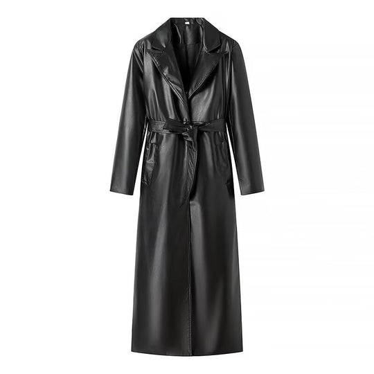 Damen elegante Kunstleder-Trenchcoat mit Gürtel Heidi-Mode