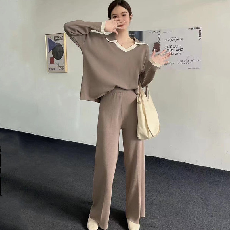 Damen elegantes und lässiges Strickensemble mit V-Ausschnitt und breitem Saum Heidi-Mode