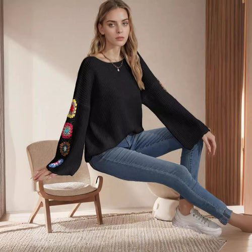 Damen gestreifter Strickpullover mit bunten Blumenapplikationen Heidi-Mode
