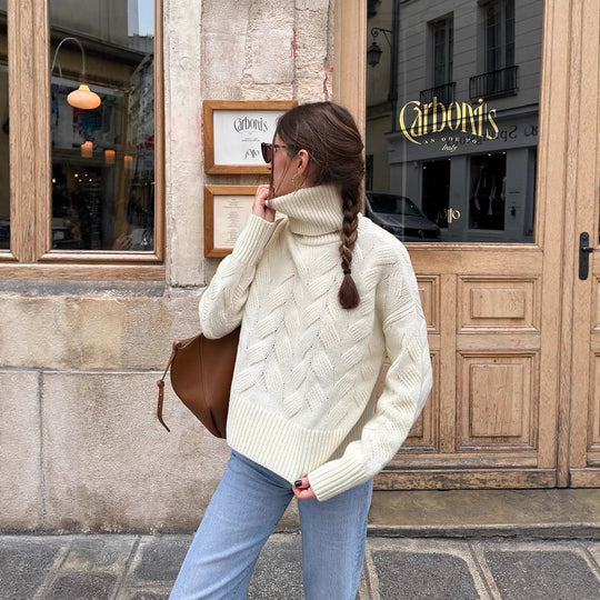 Damen gemütlicher Pullover mit hohem Kragen und Kabelstrick Heidi-Mode