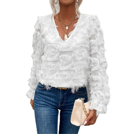 Damen luxuriöse Rüschenbluse mit V-Ausschnitt und feinen Details Heidi-Mode