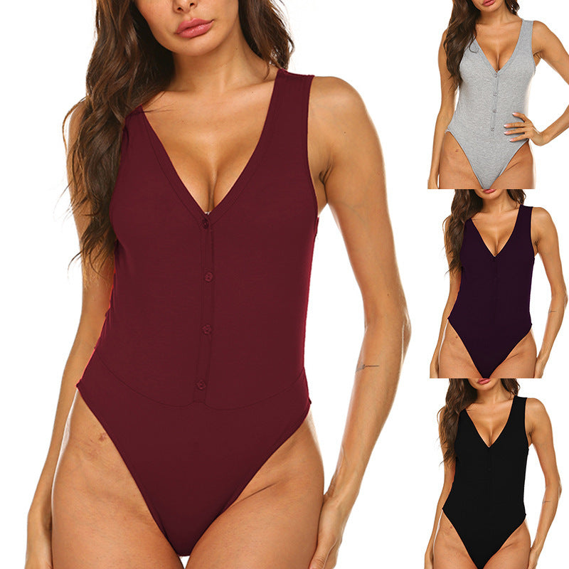 Damen Bodysuit mit tiefem V-Ausschnitt und Knopfdetails Heidi-Mode