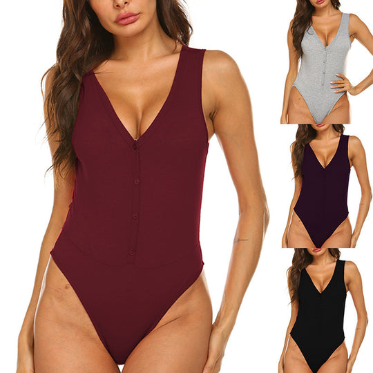Damen Bodysuit mit tiefem V-Ausschnitt und Knopfdetails Heidi-Mode