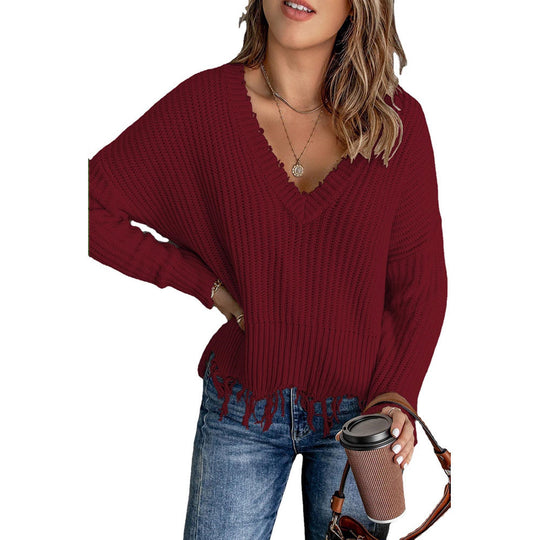 Damen V-Ausschnitt Strickpullover mit Fransen Heidi-Mode