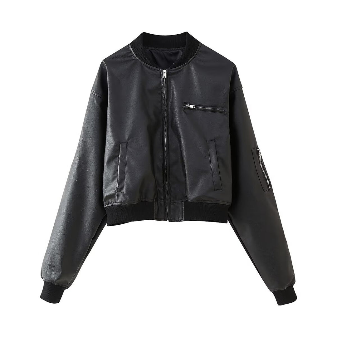 Damen Bikerjacke aus hochwertigem Kunstleder mit praktischen Taschen und elastischem Bündchen Heidi-Mode