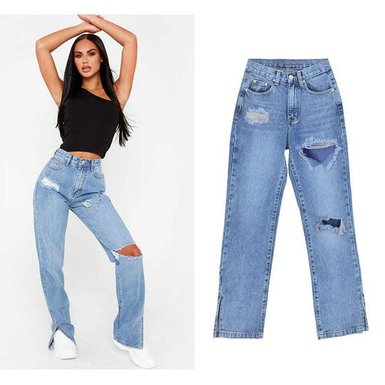Damen lässige Ripped Jeans mit hoher Taille und modernen Fransen Heidi-Mode