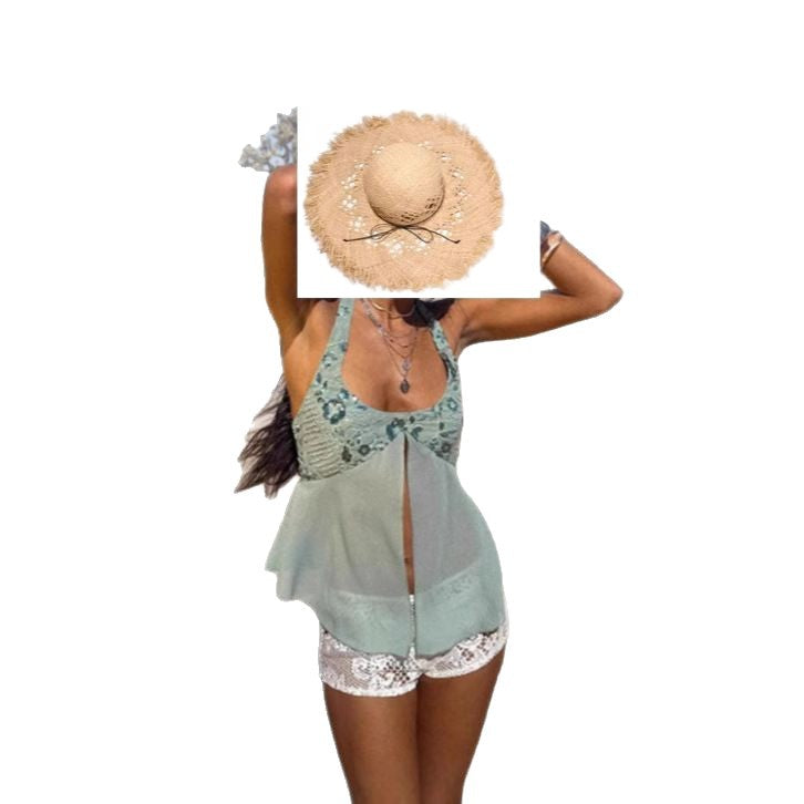 Damen Trendiges Strandtop mit transparentem Stoff und Spitze Heidi-Mode