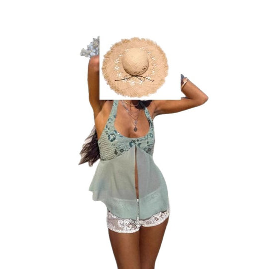 Damen Trendiges Strandtop mit transparentem Stoff und Spitze Heidi-Mode