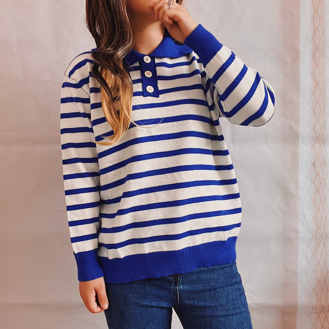 Damen legerer Streifenpullover mit Knopfleiste und weitem Schnitt Heidi-Mode