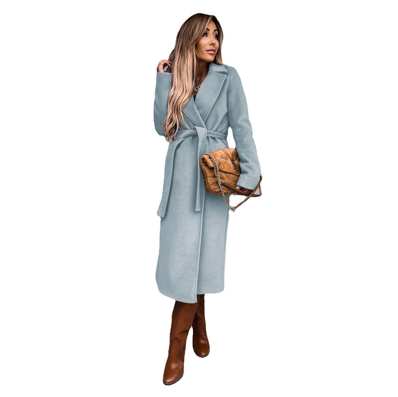 Damen eleganter langes Wollmantel mit Bindegürtel und klassischem Revers Heidi-Mode