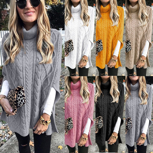 Damen Kuschelponcho mit hohem Kragen und Zopfmuster Heidi-Mode