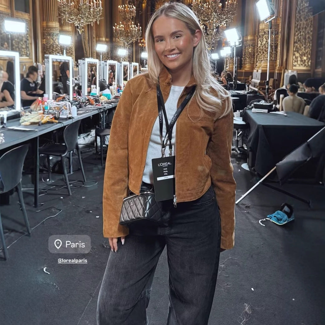 Damen kurze Kunstlederjacke mit elegantem Kragen und praktischen Taschen Heidi-Mode