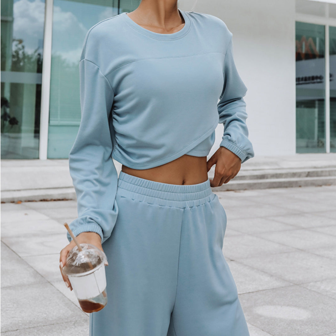 Damen lässiges Lounge-Set mit cropped Oberteil und weitem Hosen Heidi-Mode