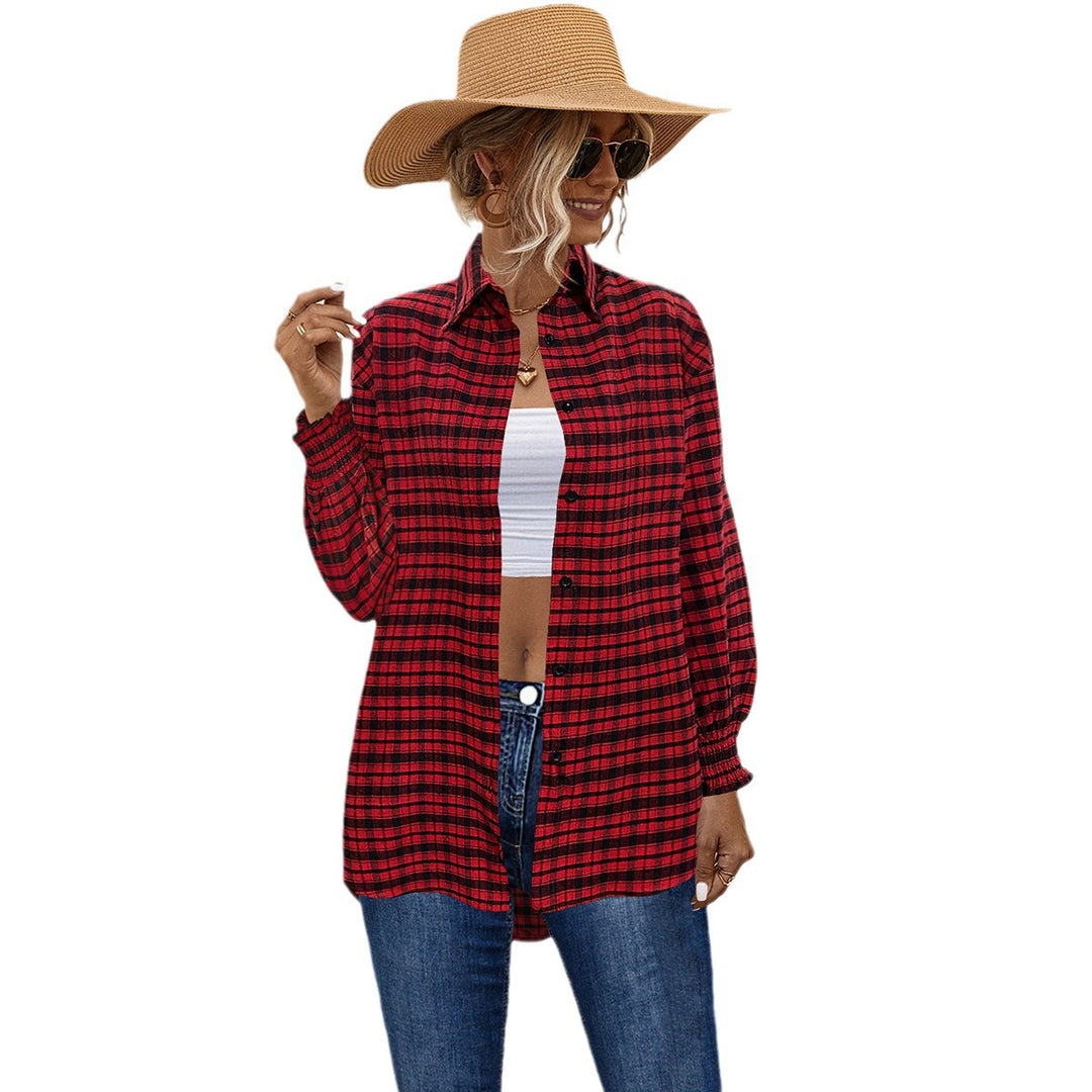 Damen Karobluse mit angeschnittenen Ärmeln und elastischen Ärmelsäumen Heidi-Mode