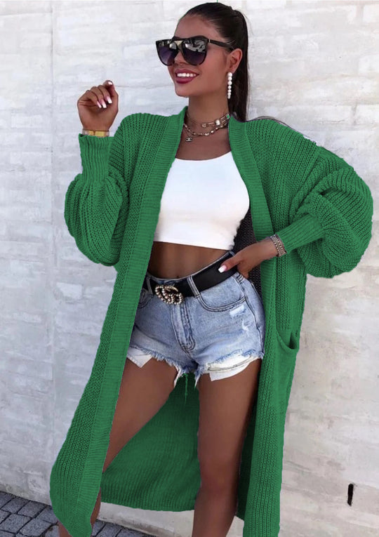 Damen Langer Strickcardigan mit weiten Ärmeln und praktischen Taschen Heidi-Mode