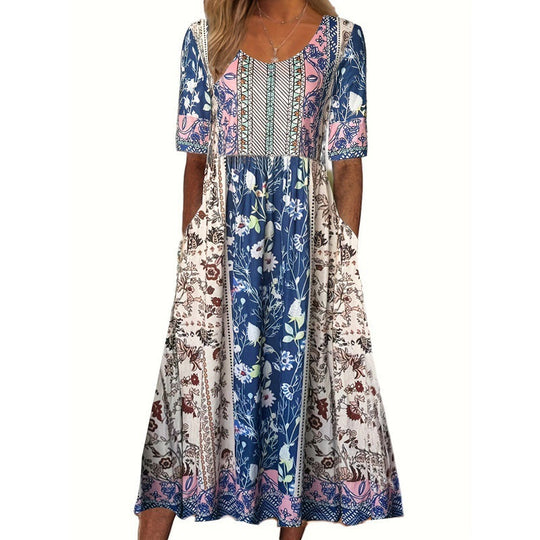 Heidi-Mode | Bedrucktes Kleid Rundhalsausschnitt Kurzarmrock