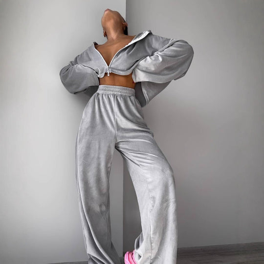 Damen luxuriöses Fleece-Loungewear-Set mit hohem Kragen und weitem Schnitt Heidi-Mode
