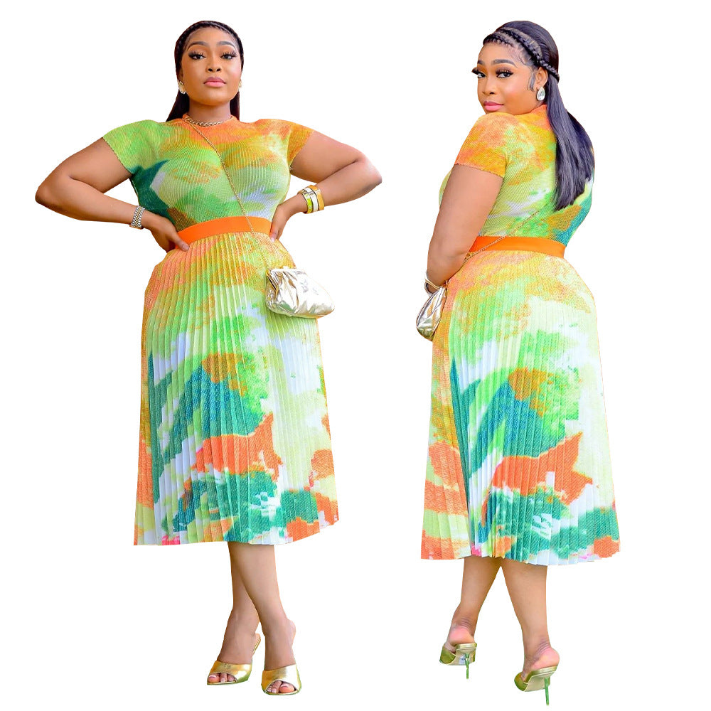 Damen Plissee-Kleid mit hohem Taillenbund und elegantem Farbharmoniedesign Heidi-Mode