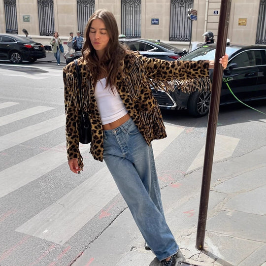 Damen Leoparden-Wildlederjacke mit Fransen und modischem Schnitt Heidi-Mode