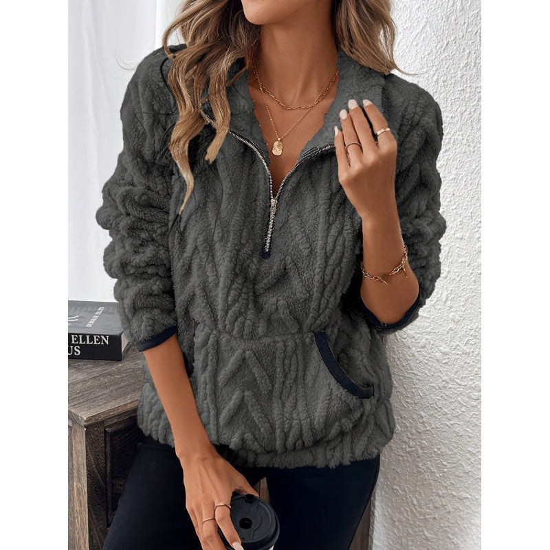 Damen flauschiger Teddy-Pullover mit halbem Reißverschluss und hohen Kragen Heidi-Mode