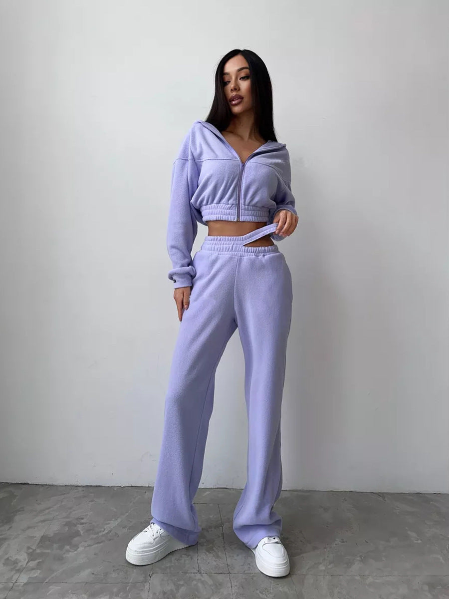 Damen sportliches Fleece-Set mit cropped Hoodie und elastischer Hose Heidi-Mode
