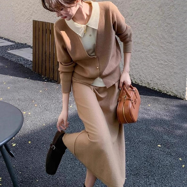 Damen Strickensemble mit eleganter Blusenoptik und weitem Rock Heidi-Mode