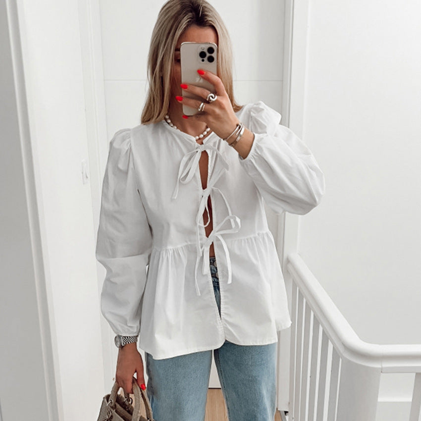 Damen Bluse mit verspielten Bänder-Details und lockerer Passform Heidi-Mode