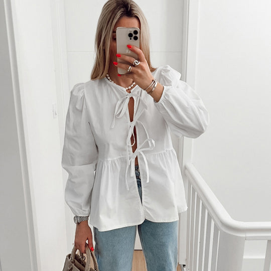 Damen Bluse mit verspielten Bänder-Details und lockerer Passform Heidi-Mode