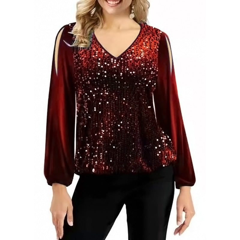 Heidi-Mode | Lässiger V-Ausschnitt Langarm Pailletten Bluse Top