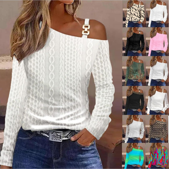 Damen Off-Shoulder Oberteil mit modischem Muster und dekorativen Trägern Heidi-Mode