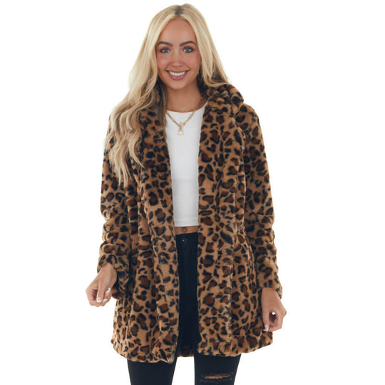 Damen Gemütliche Leopard-Fleecejacke mit offenem Kragen Heidi-Mode