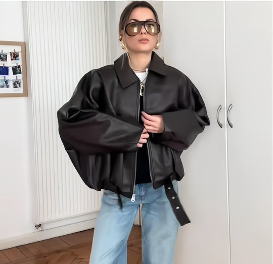 Damen Oversized Kunstlederjacke mit großzügigem Schnitt und modischen Details Heidi-Mode