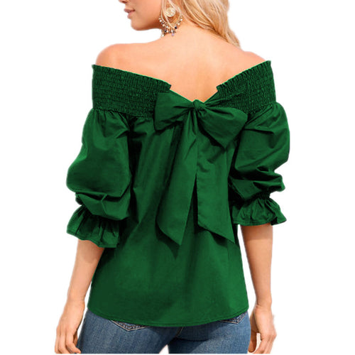 Damen Off-Shoulder Bluse mit Puffärmeln und Schleifendetail Heidi-Mode