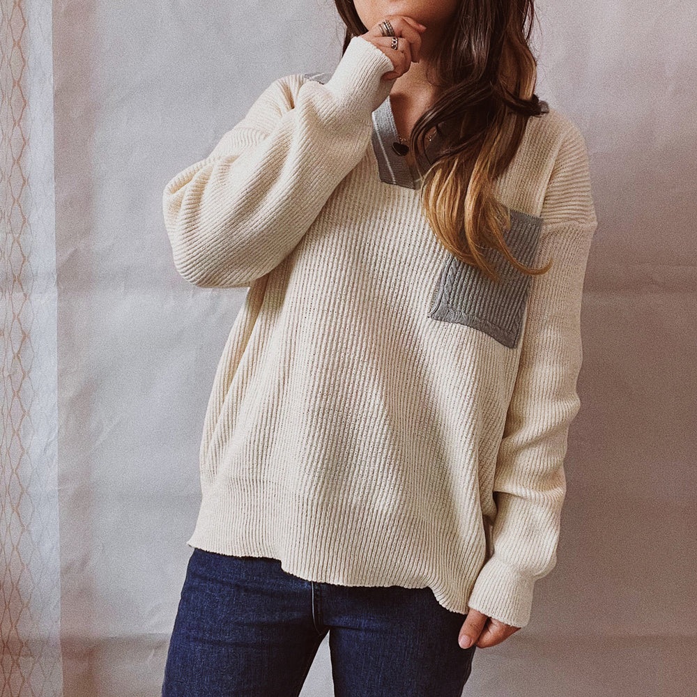 Damen lässiger V-Ausschnitt Pullover mit strukturiertem Rippdesign und kontrastierendem Kragen Heidi-Mode