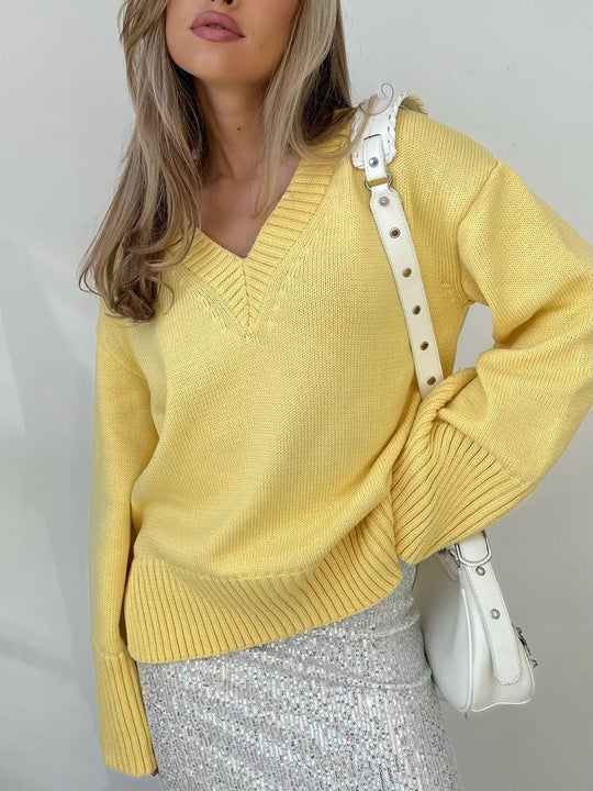 Damen lässiger V-Ausschnitt Pullover mit strukturierter Textur Heidi-Mode