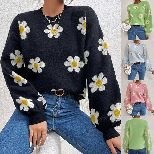 Damen Pullover mit floralem Muster und voluminösen Ärmeln Heidi-Mode