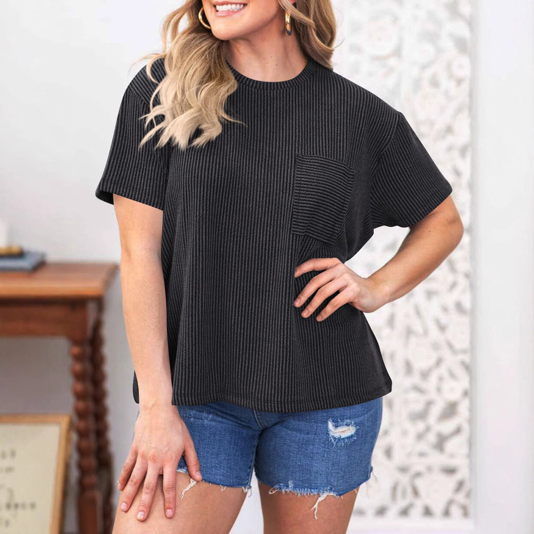 Damen lässiges gestreiftes T-Shirt mit Brusttasche Heidi-Mode