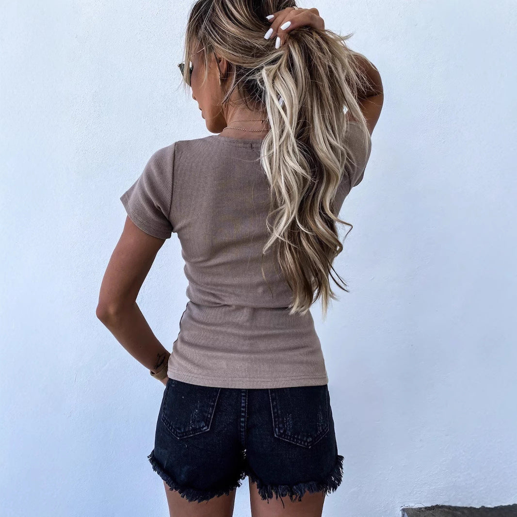 Damen modisches Kurzarm-Henley-Oberteil mit Knopfleiste und feiner Rippstruktur Heidi-Mode