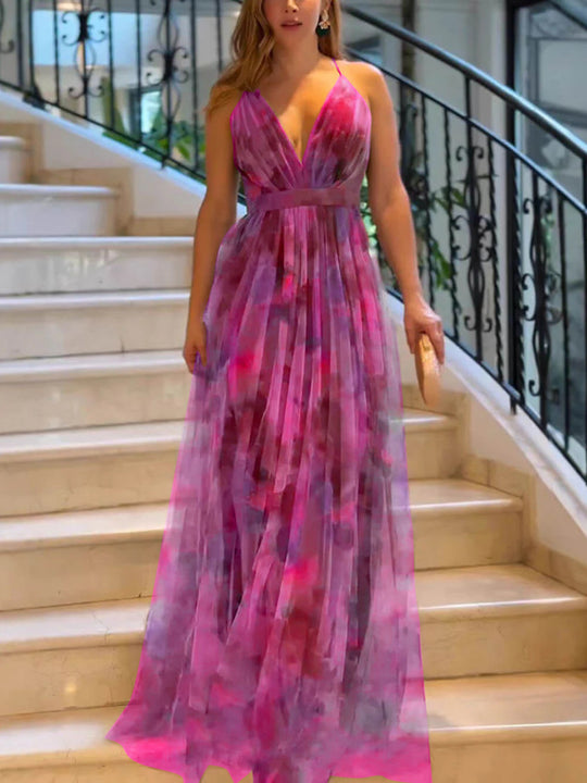 Damen Maxi-Kleid mit tiefem V-Ausschnitt und schwingendem Rock Heidi-Mode