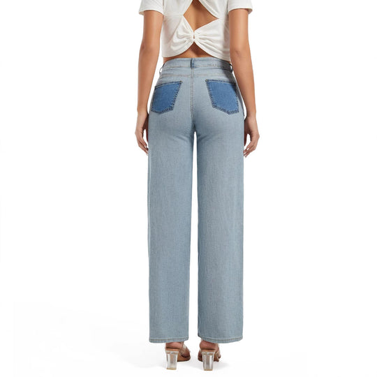 Damen Weit geschnittene Jeans mit modischen Kontrastnähten und hohem Bund Heidi-Mode