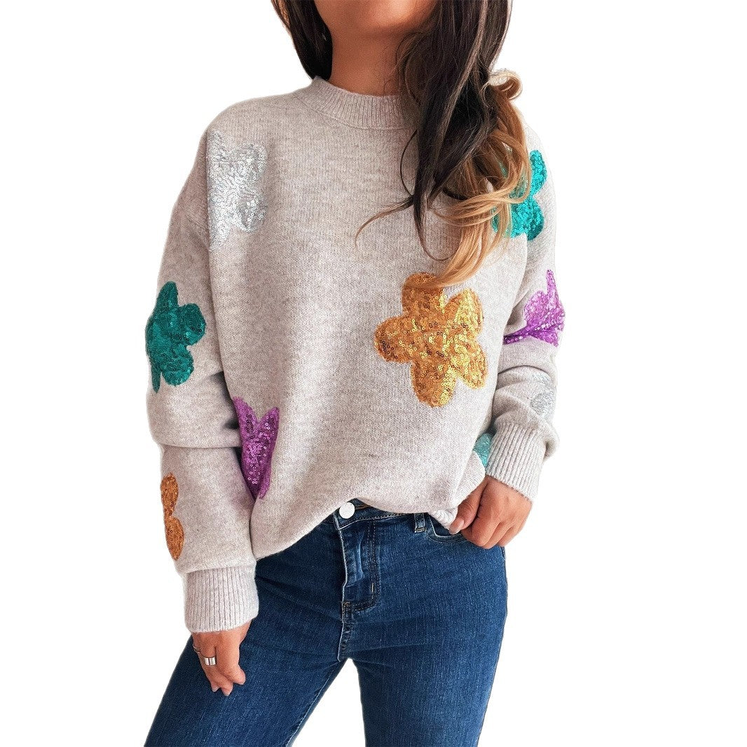 Damen Strickpullover mit bunten Funkelblumen Heidi-Mode
