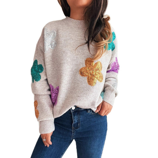 Damen Strickpullover mit bunten Funkelblumen Heidi-Mode