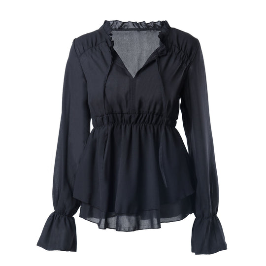 Damen Rüschenbluse mit elastischer Taillierung und langen Ärmeln Heidi-Mode