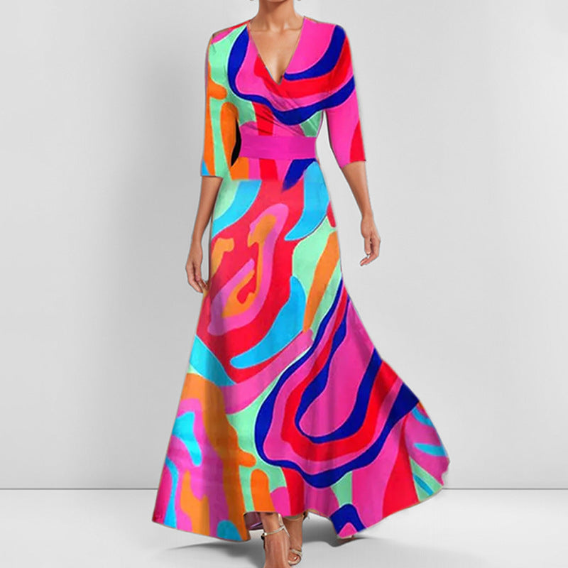Heidi-Mode | Elegantes V-Ausschnitt Bedrucktes Taillenkleid mit Schößchen